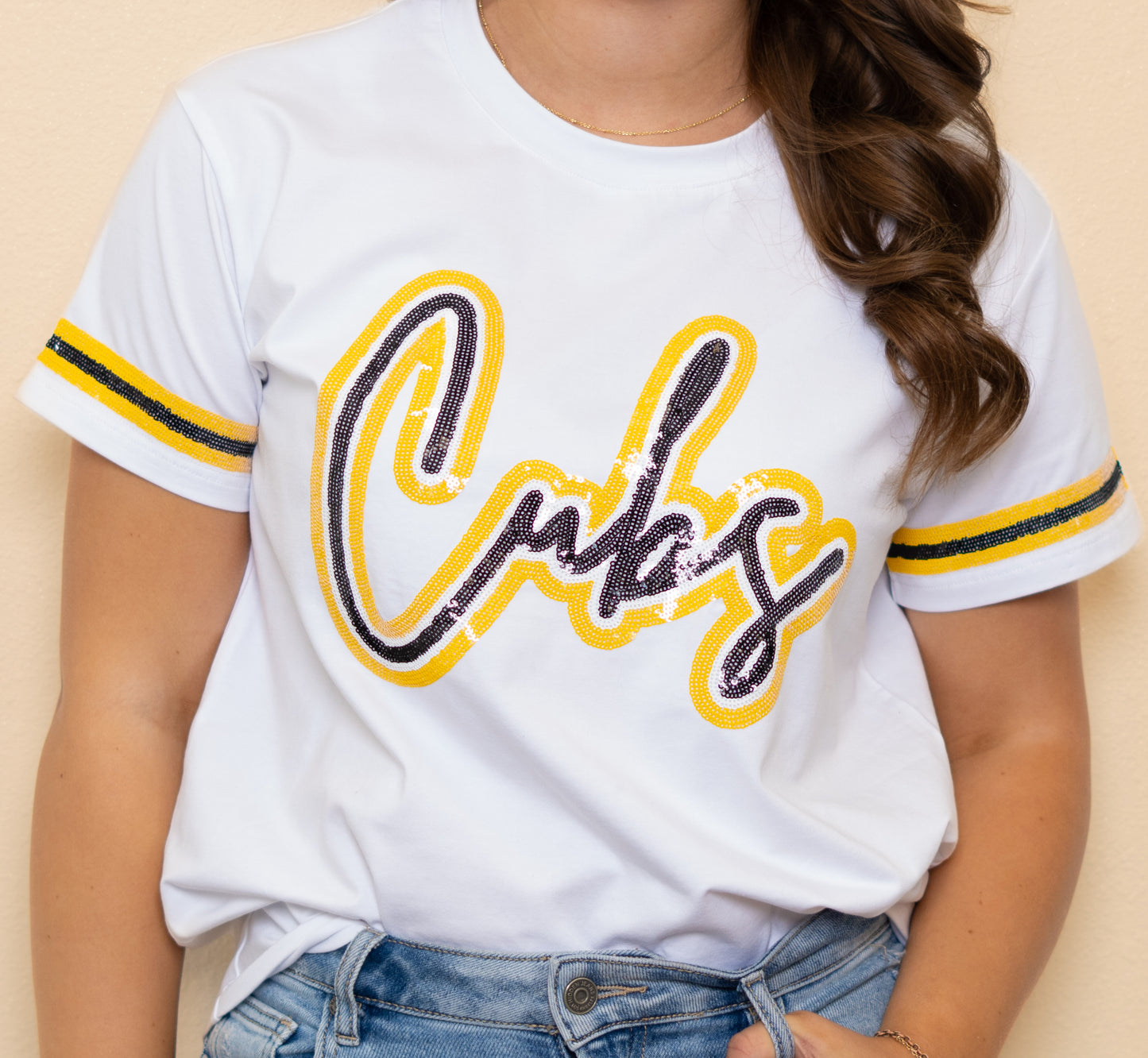 **PRE-ORDER ONLY** University Lab School | Cubs Script | Women's Sequin Design Jersey Tee (White)