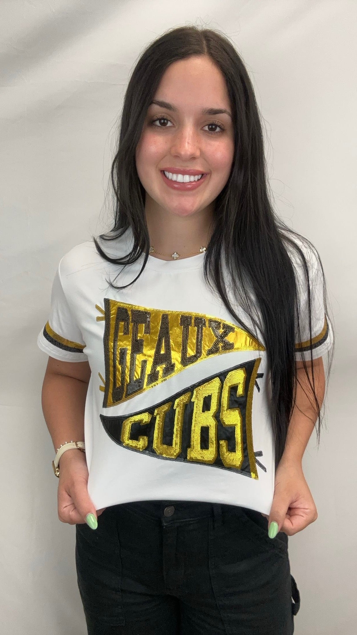 **PRE-ORDER ONLY** Geaux Cubs Pennant Tee | Women's Sequin Design Tee (White)