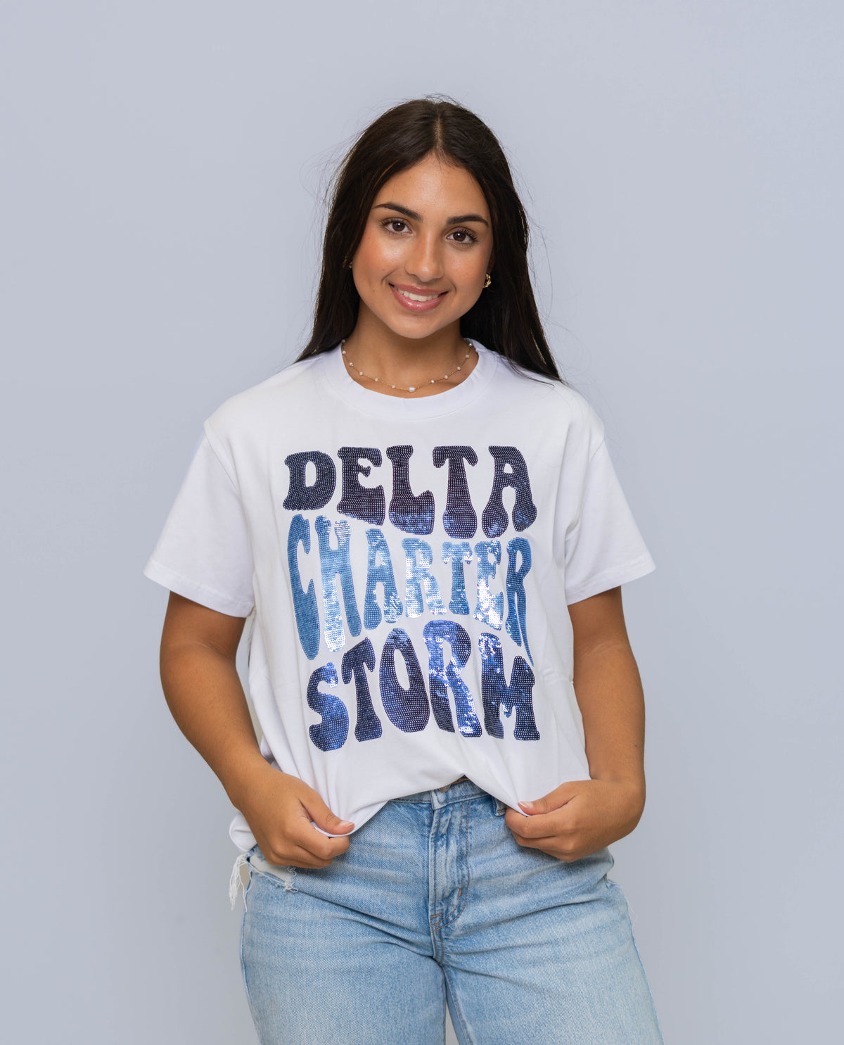 Groovy Delta Charter Storm | Women's Sequin Design Tee (White)