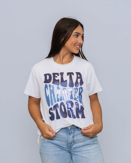 Groovy Delta Charter Storm | Women's Sequin Design Tee (White)
