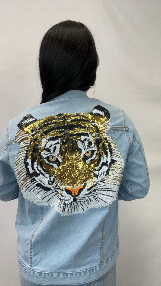 Golden Roar | Women's Sequin + Rhinestone Denim Jacket