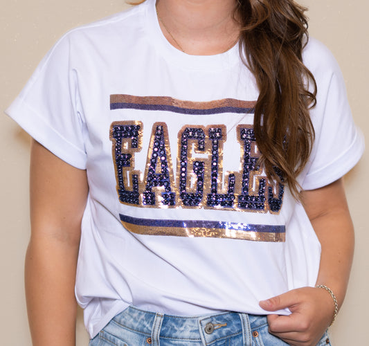 **PRE-ORDER ONLY** Jeweled Eagles Navy/Gold | Women's Sequin + Jewel Design Cuff Sleeve Tee (White)