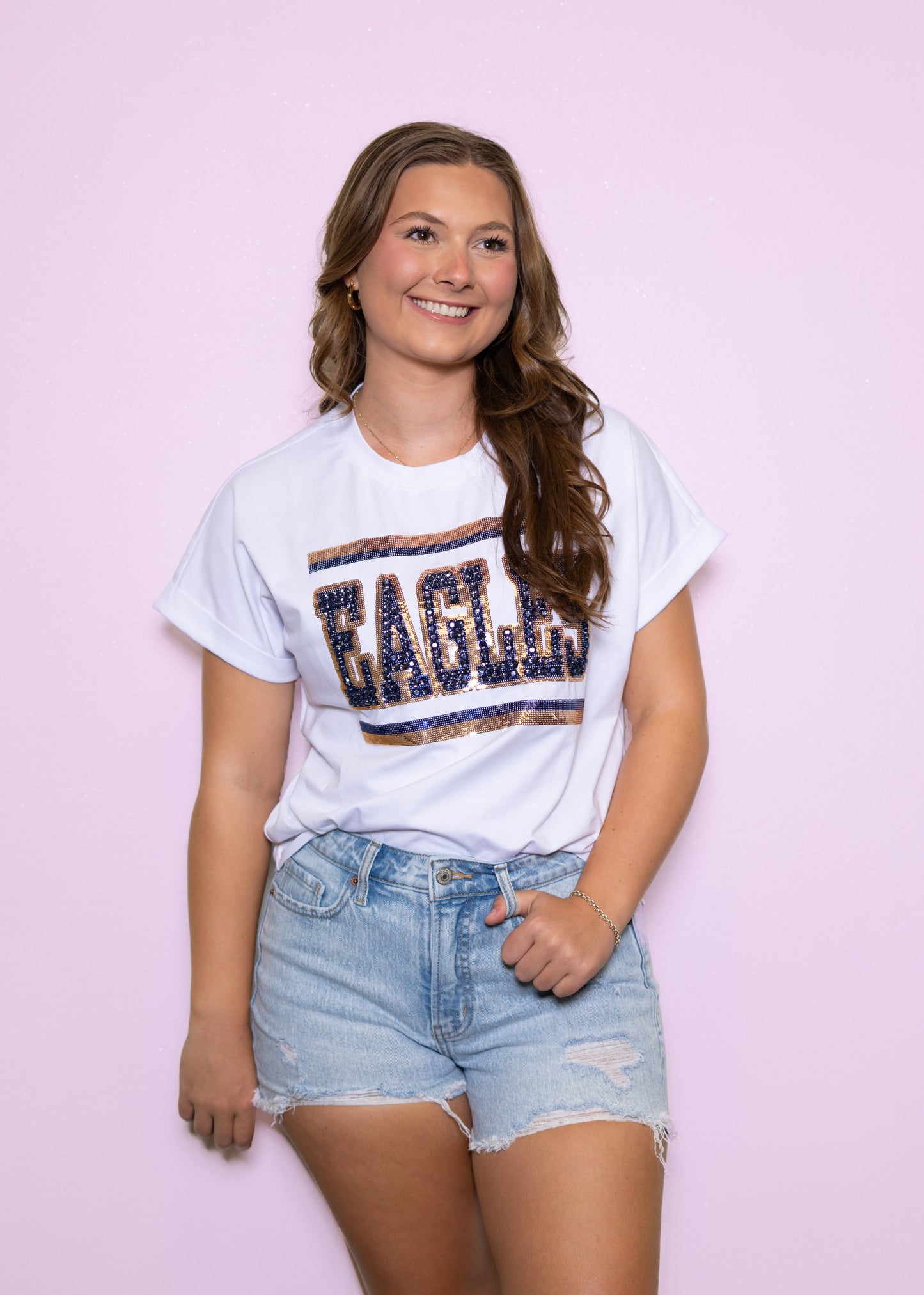 **PRE-ORDER ONLY** Jeweled Eagles Navy/Gold | Women's Sequin + Jewel Design Cuff Sleeve Tee (White)