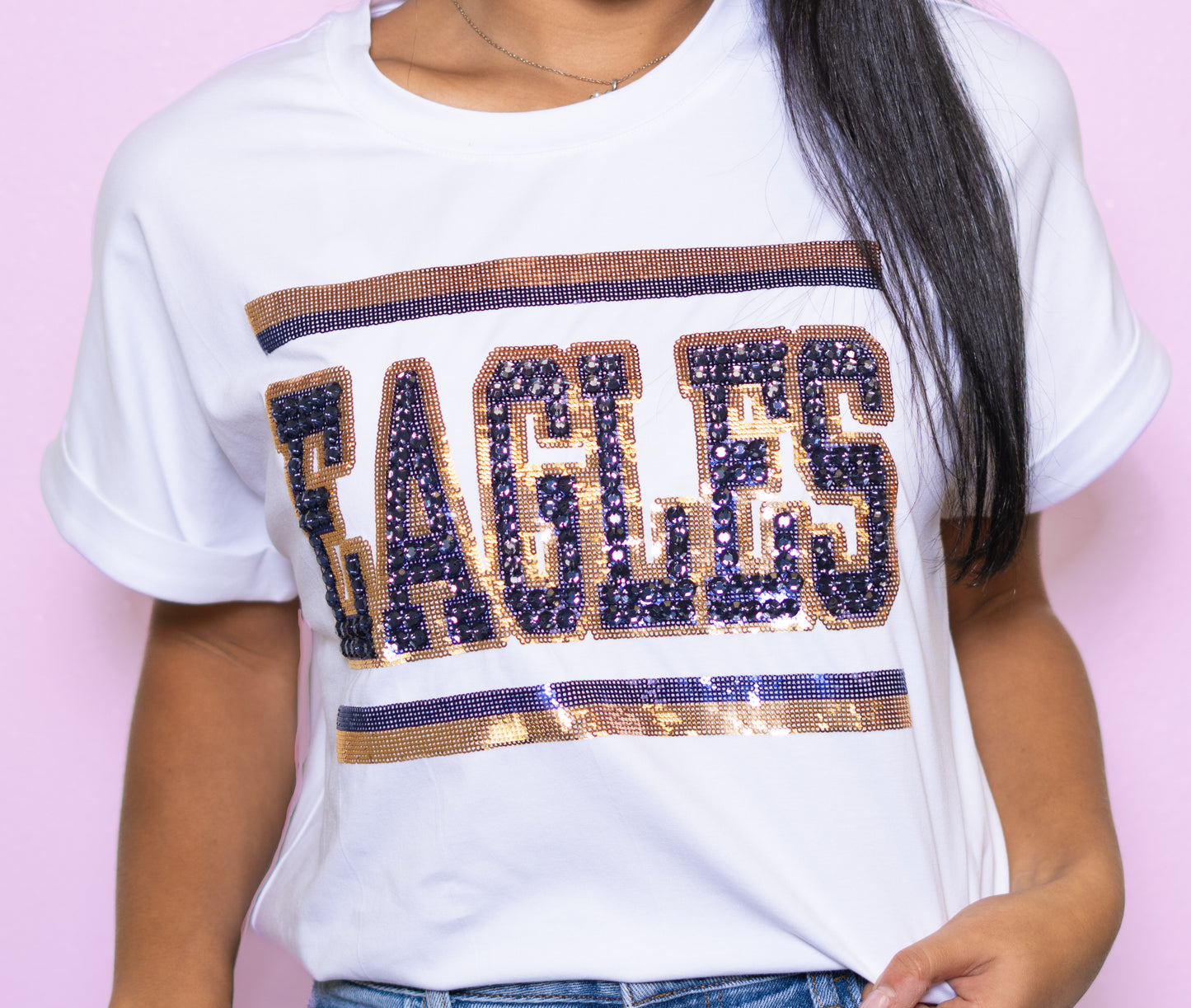 **PRE-ORDER ONLY** Jeweled Eagles Navy/Gold | Women's Sequin + Jewel Design Cuff Sleeve Tee (White)