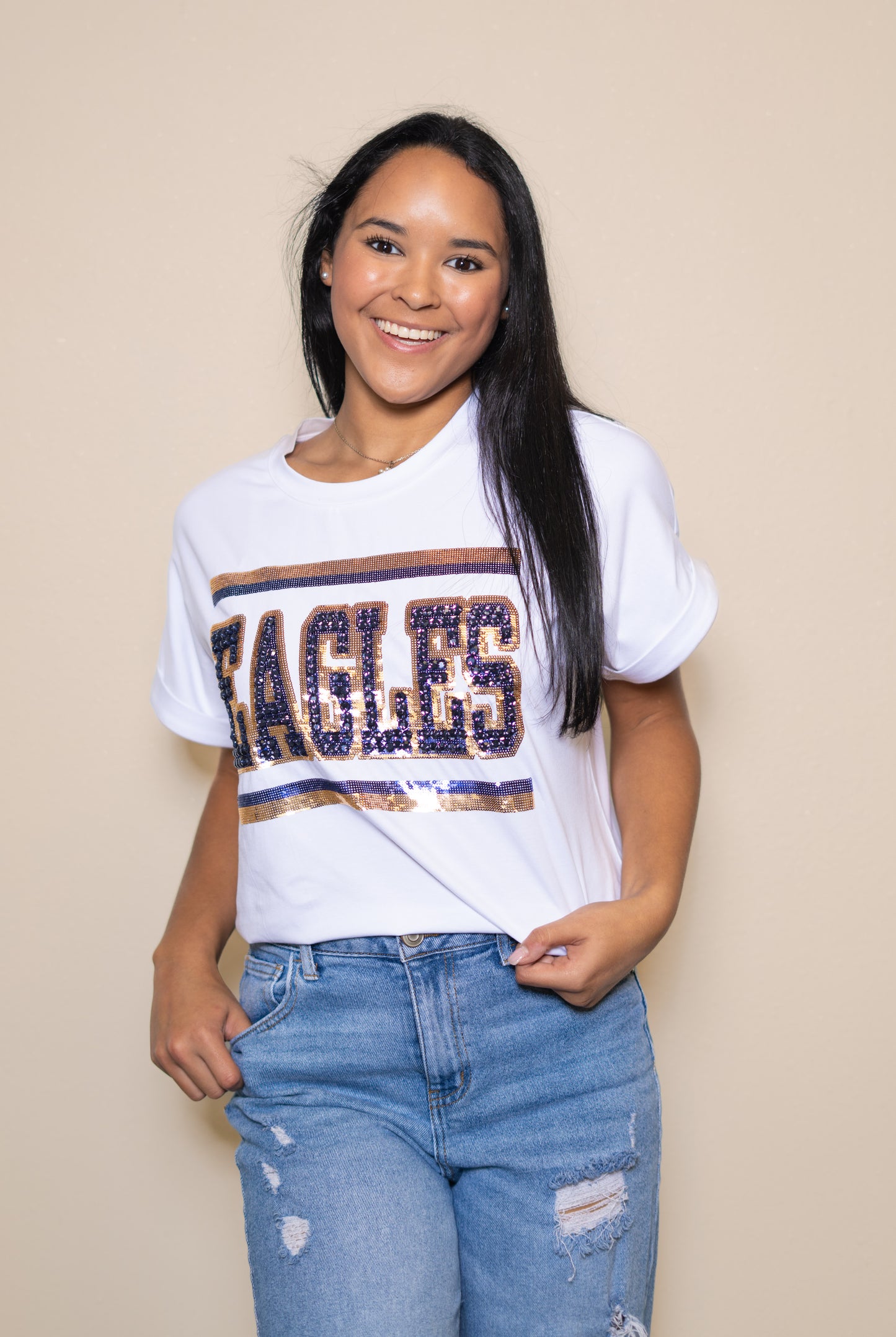 **PRE-ORDER ONLY** Jeweled Eagles Navy/Gold | Women's Sequin + Jewel Design Cuff Sleeve Tee (White)