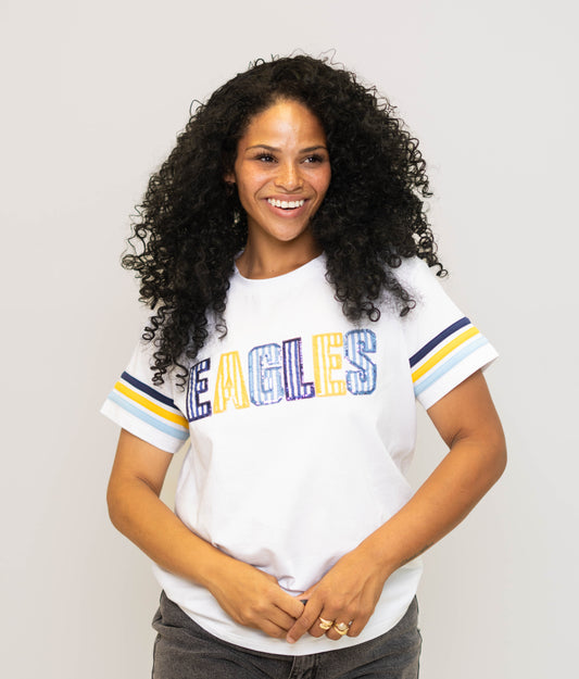 Eagles Sequin Stripe | Women's Sequin & Striped Appliqué Embroidery with Varsity Stripe Sleeves Tee (White)