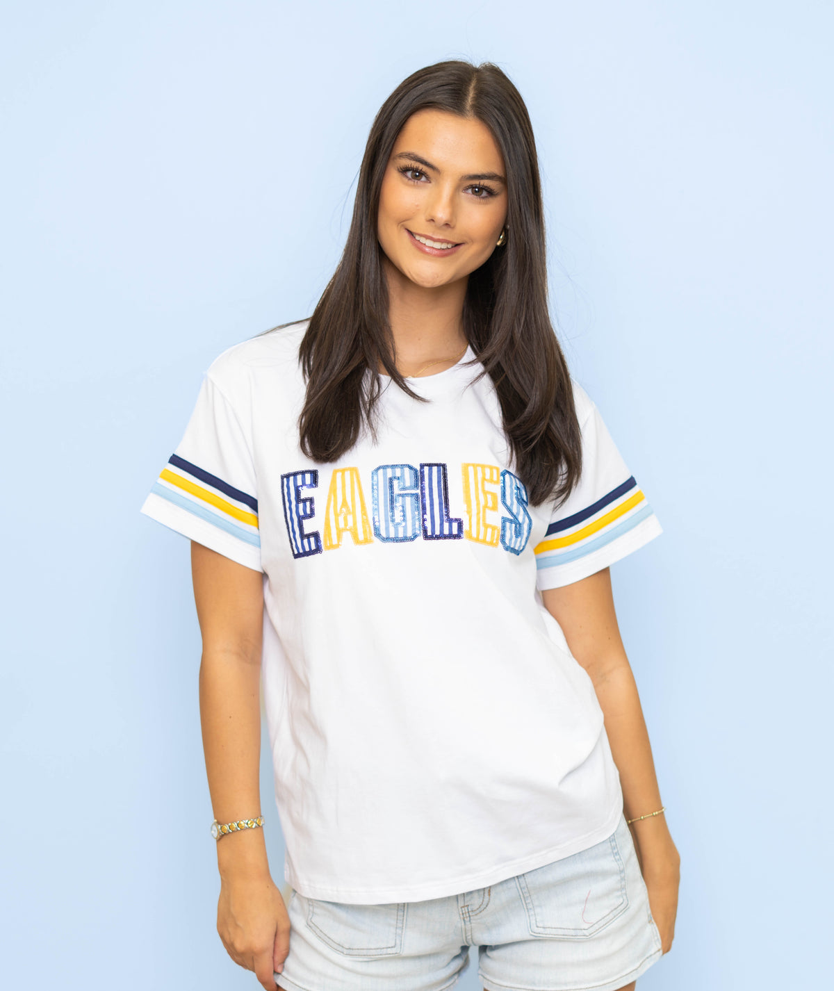 Eagles Sequin Stripe | Women's Sequin & Striped Appliqué Embroidery with Varsity Stripe Sleeves Tee (White)