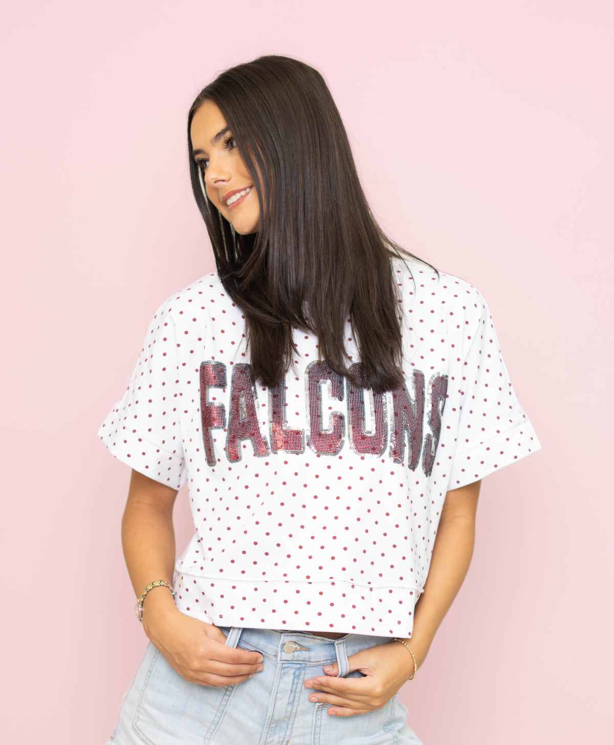 Falcons | Polka Dot Exposed Seam Crop Shirt (Maroon Polka Dot)