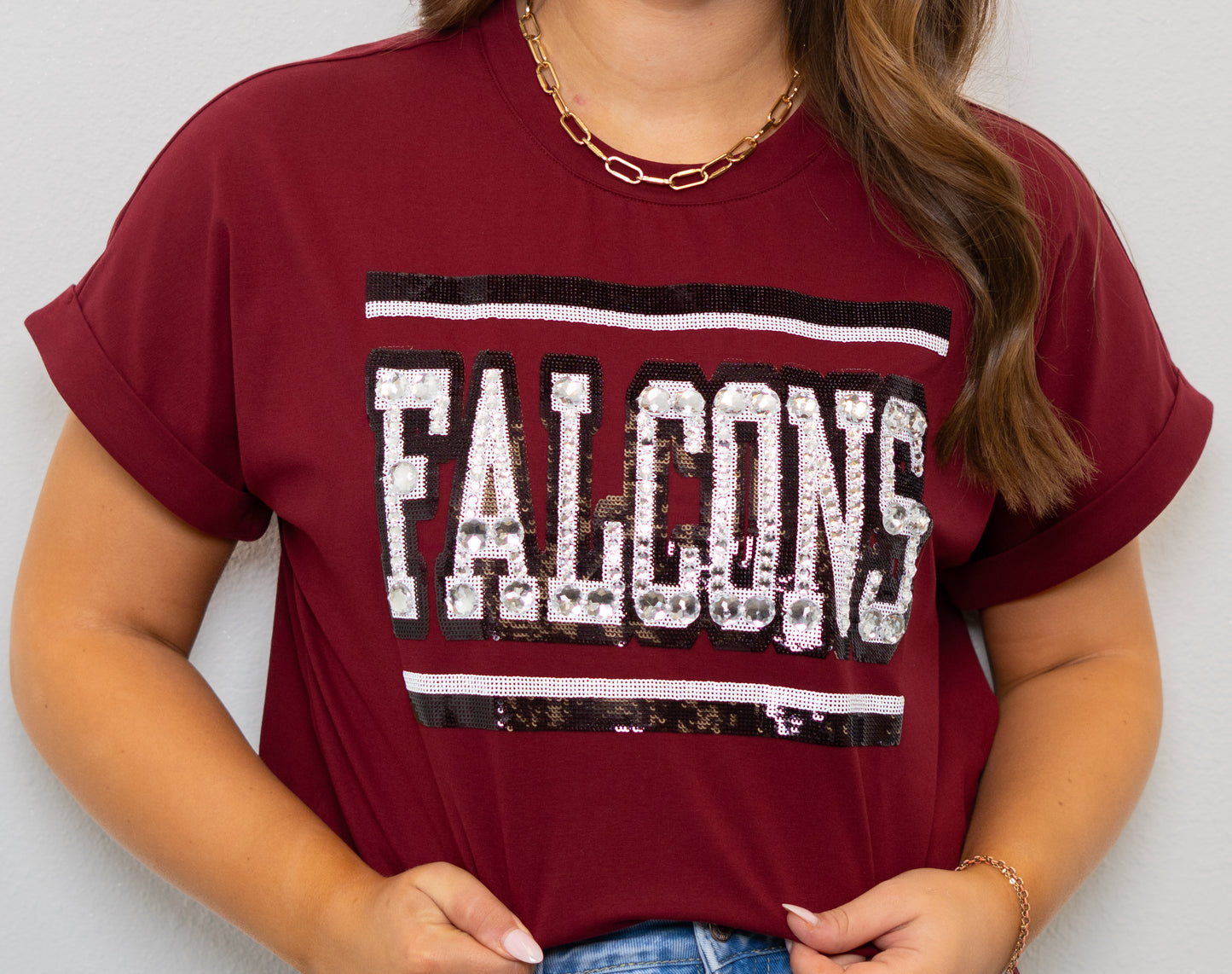 **PRE-ORDER ONLY** Jeweled Falcons | Women's Sequin + Jewel Design Cuff Sleeve Tee (Maroon)