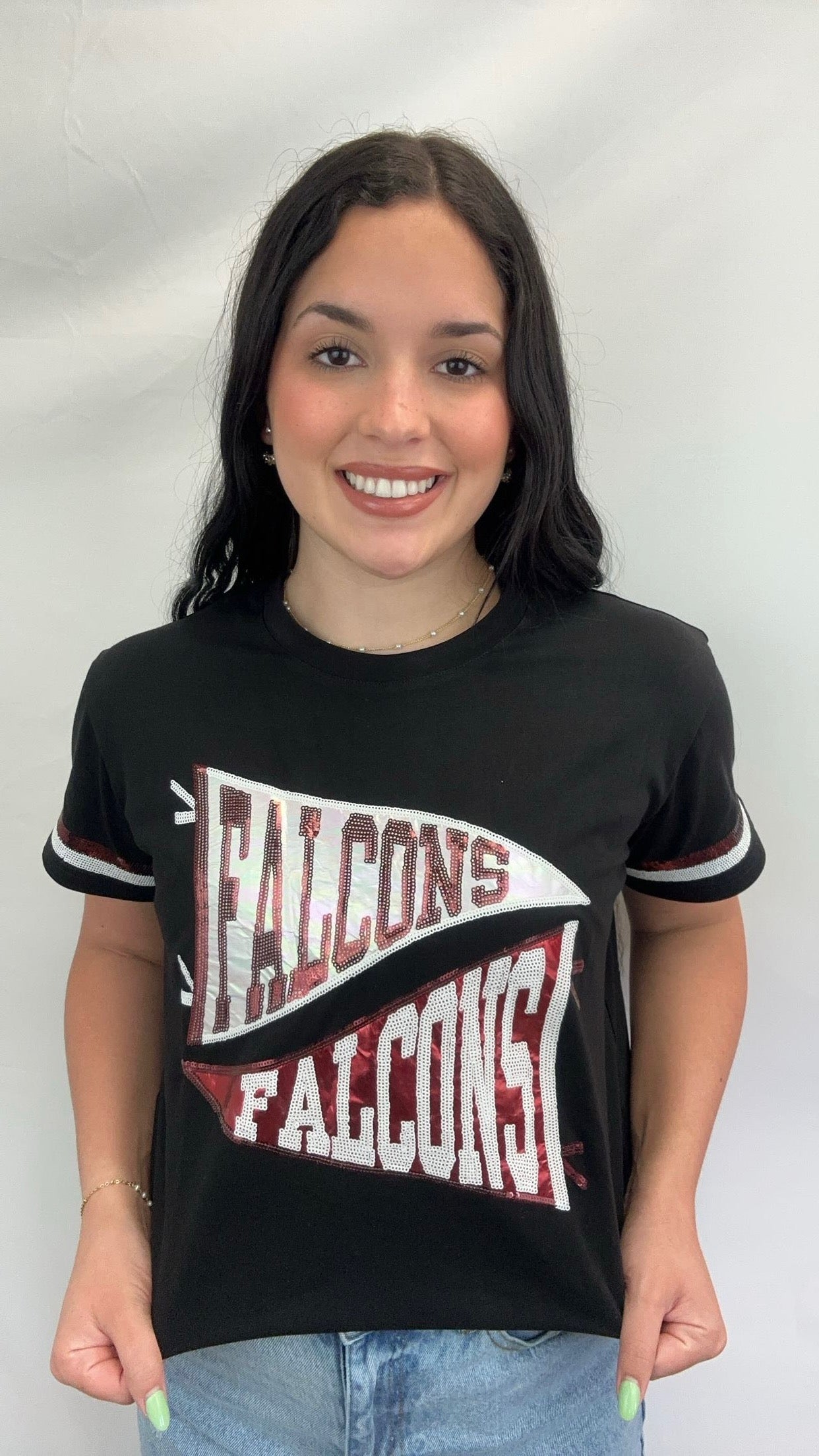 **PRE-ORDER ONLY** Falcons Pennant | Women's Sequin Design Tee (Black)