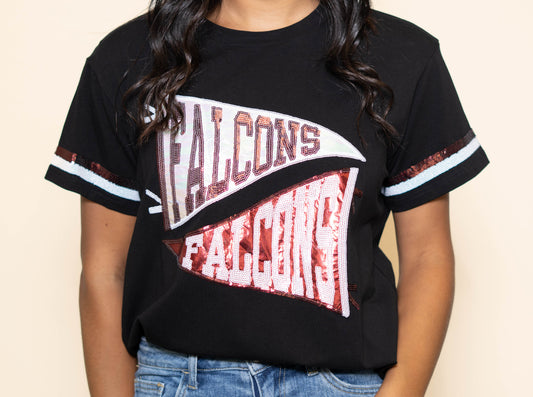 Falcons Pennant | Women's Sequin Design Tee (Black)