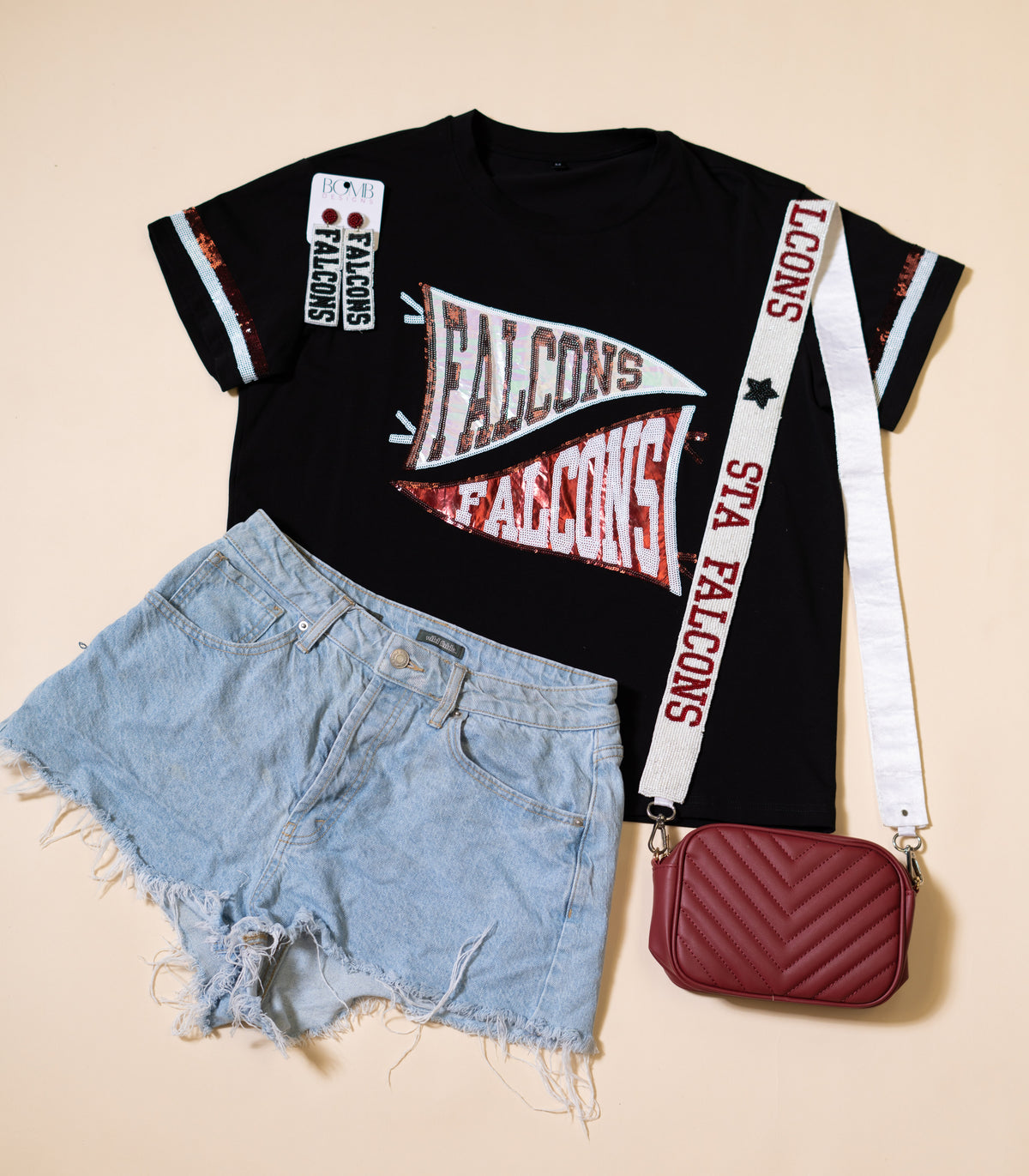 Falcons Pennant | Women's Sequin Design Tee (Black)
