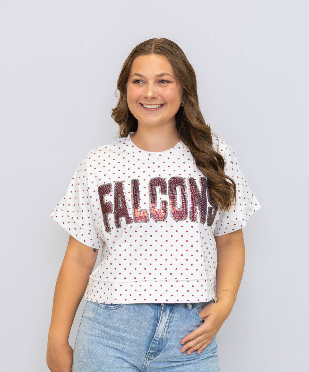Falcons | Polka Dot Exposed Seam Crop Shirt (Maroon Polka Dot)