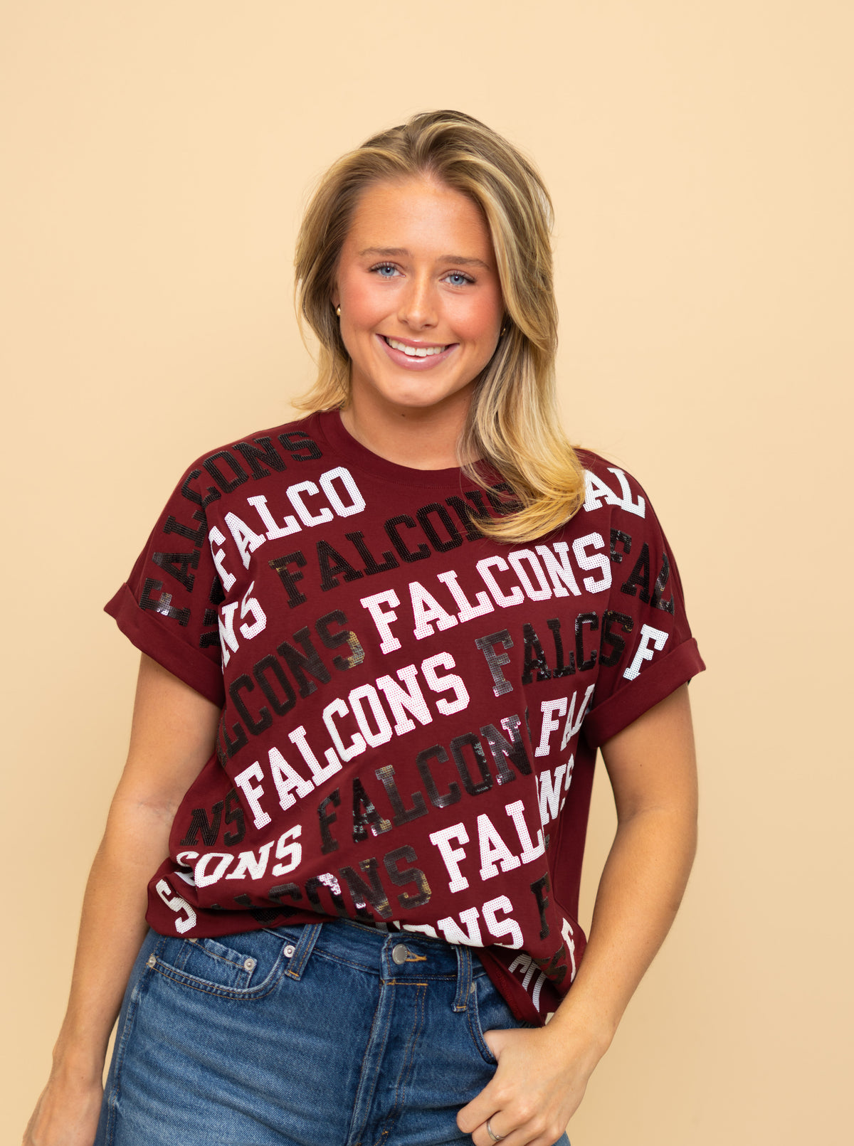 Falcons Varsity Block | Women's Cuff Sleeve Tee (Maroon)