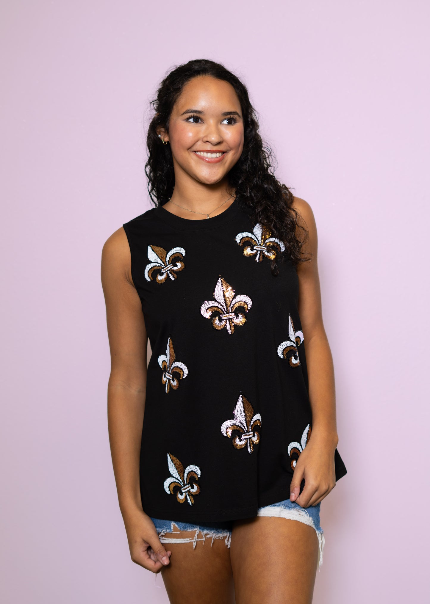 **PRE-ORDER ONLY** Scattered Fleur de Lis | Women's Sequin Design Tank (Black)