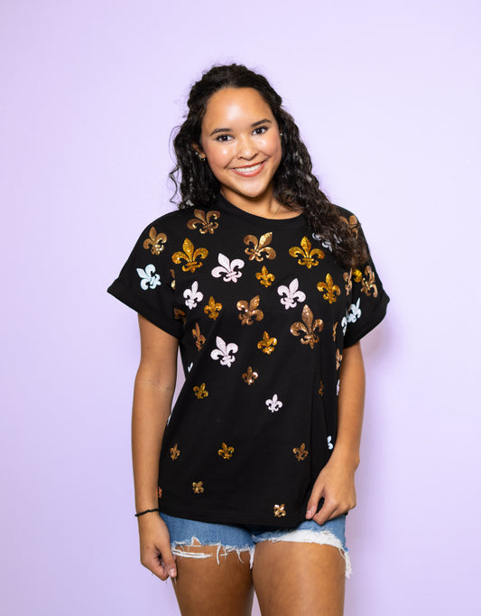 **PRE-ORDER ONLY** Tiny Scattered Fleur de Lis | Women's Cuff Sleeve Tee (Black)