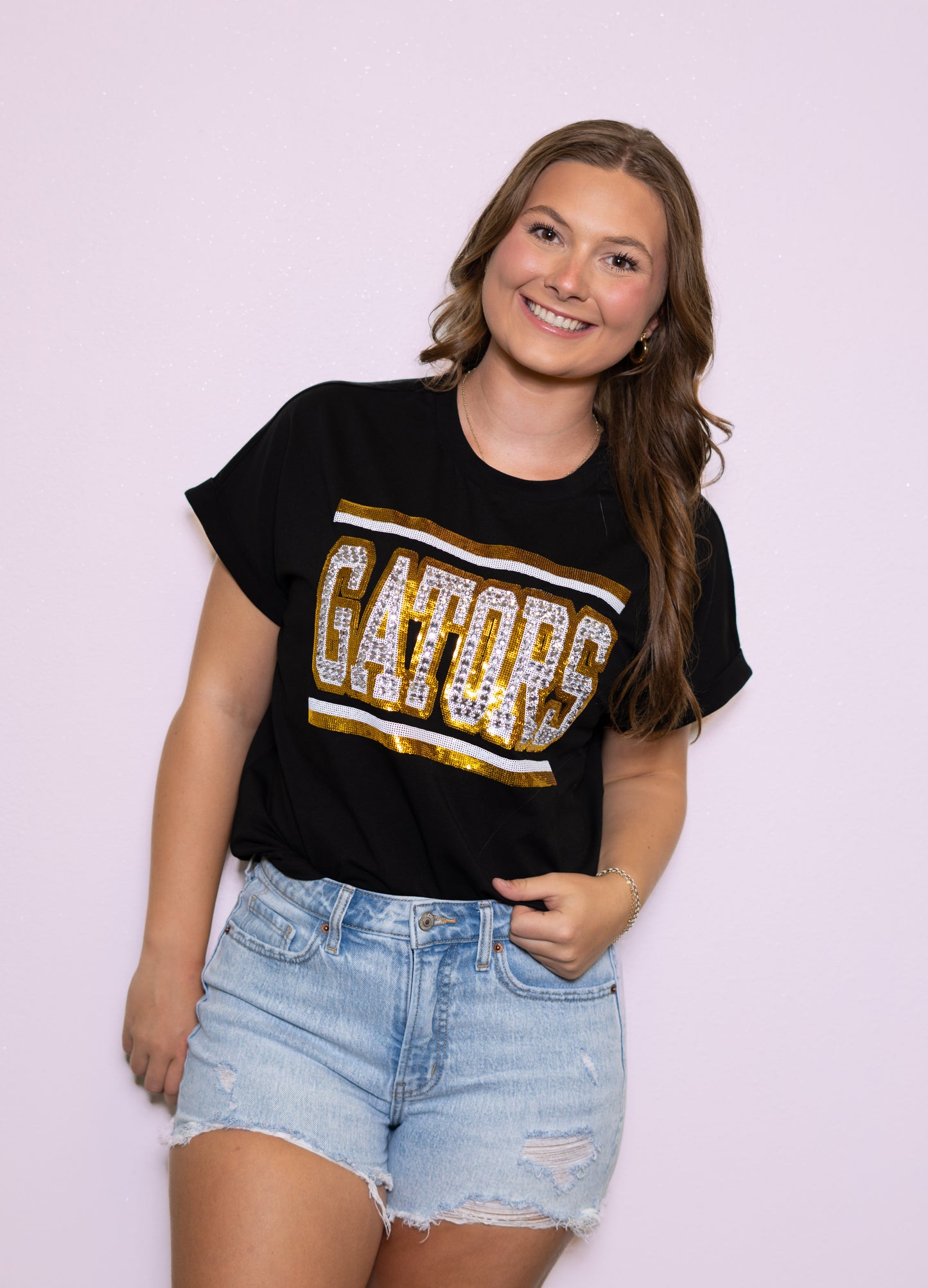 **PRE-ORDER ONLY** Jeweled Gators | Women's Sequin + Jewel Design Cuff Sleeve Tee (Black)