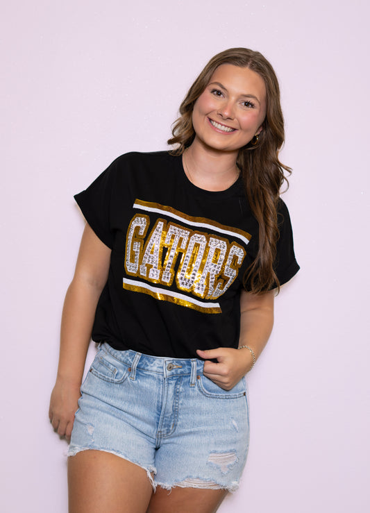 **PRE-ORDER ONLY** Jeweled Gators | Women's Sequin + Jewel Design Cuff Sleeve Tee (Black)