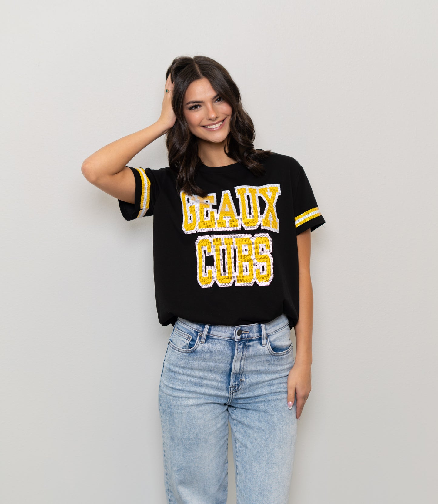 **PRE-ORDER ONLY** University Lab School | Geaux Cubs | Women's Sequin Design Jersey Tee (Black)