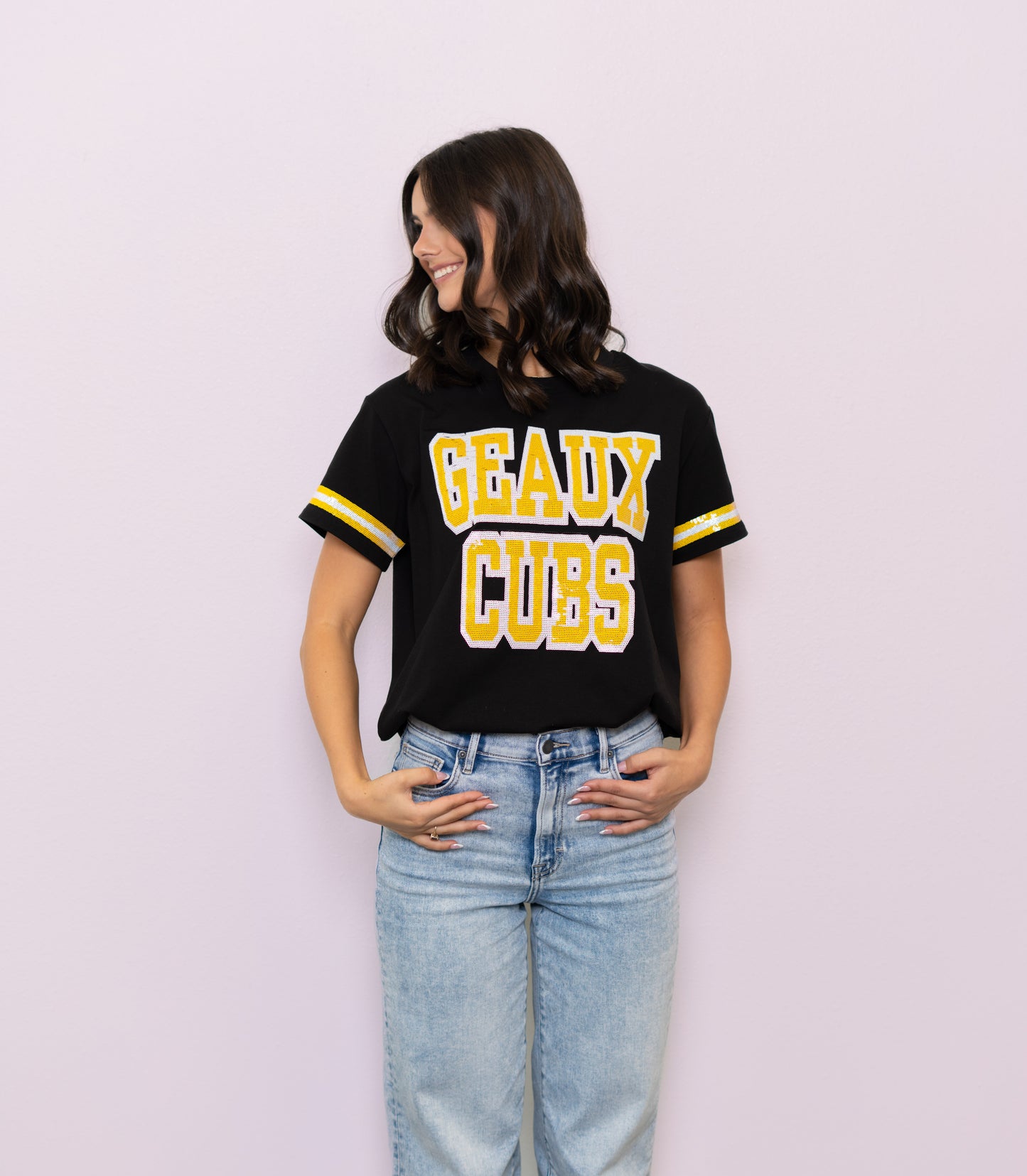 **PRE-ORDER ONLY** University Lab School | Geaux Cubs | Women's Sequin Design Jersey Tee (Black)