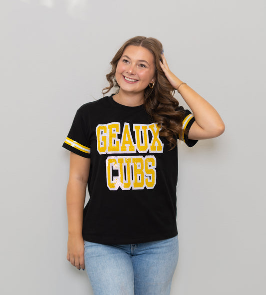 **PRE-ORDER ONLY** University Lab School | Geaux Cubs | Women's Sequin Design Jersey Tee (Black)