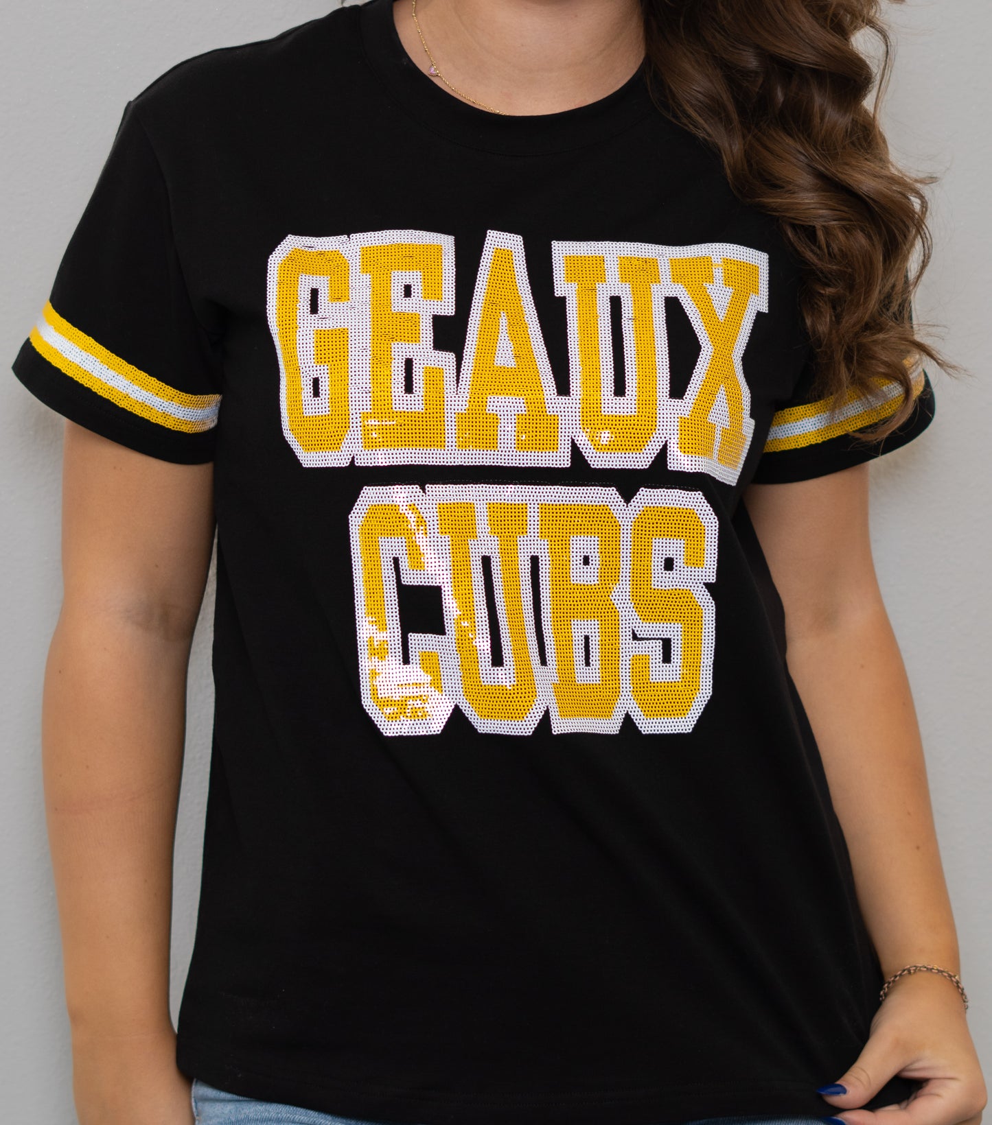 **PRE-ORDER ONLY** University Lab School | Geaux Cubs | Women's Sequin Design Jersey Tee (Black)