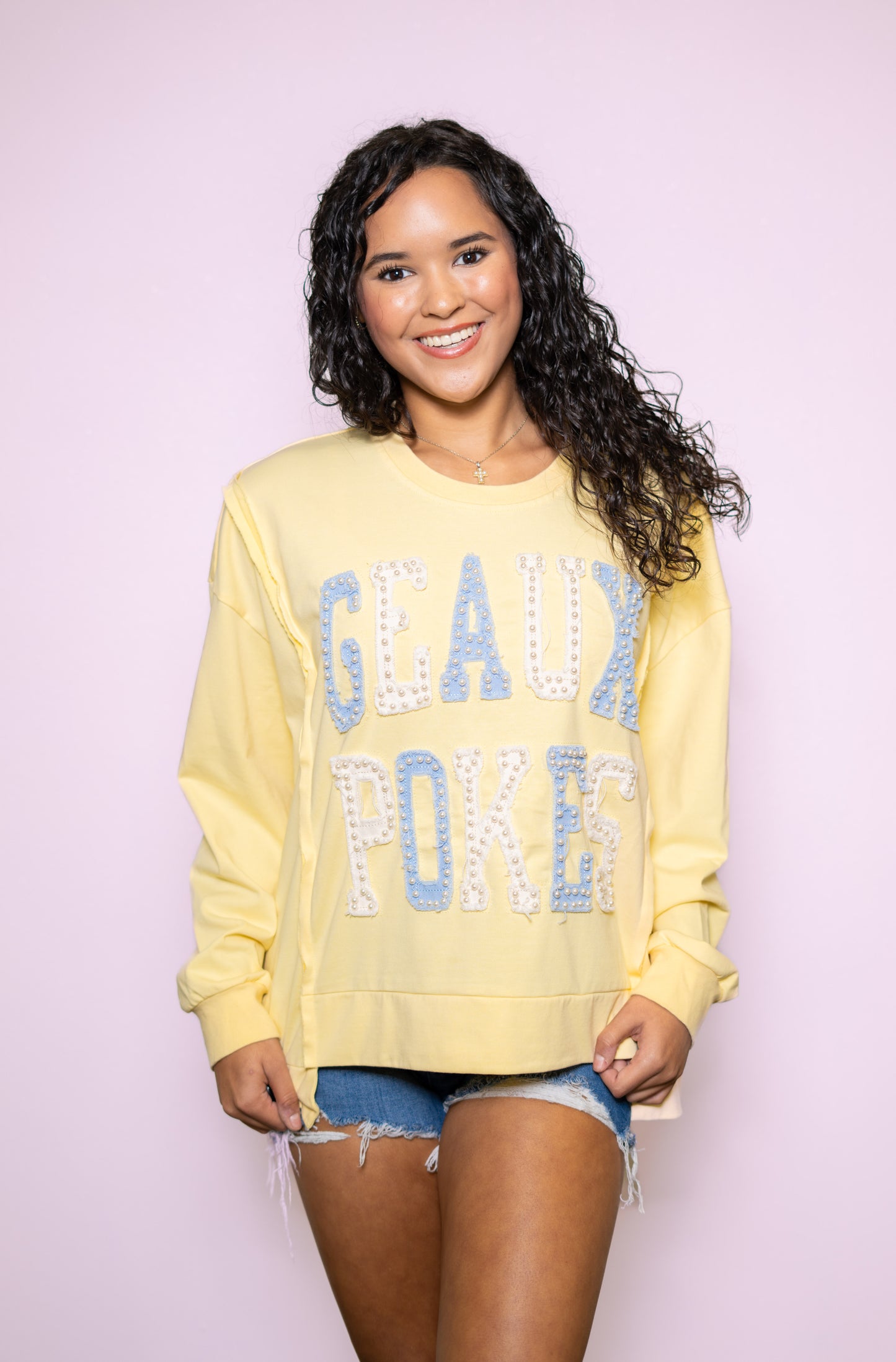 **PRE-ORDER ONLY** McNeese Geaux Pokes (LICENSED) | Women's Distressed Embroidery Pullover (Butter Yellow)