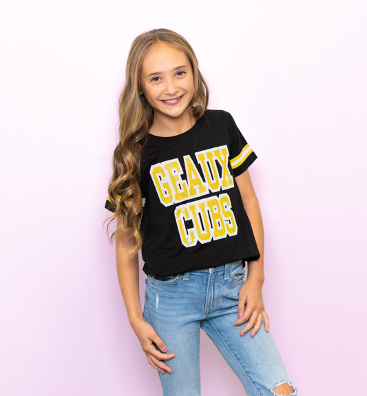**PRE-ORDER ONLY** University Lab School | Geaux Cubs | Youth Sequin Design Jersey Tee (Black)