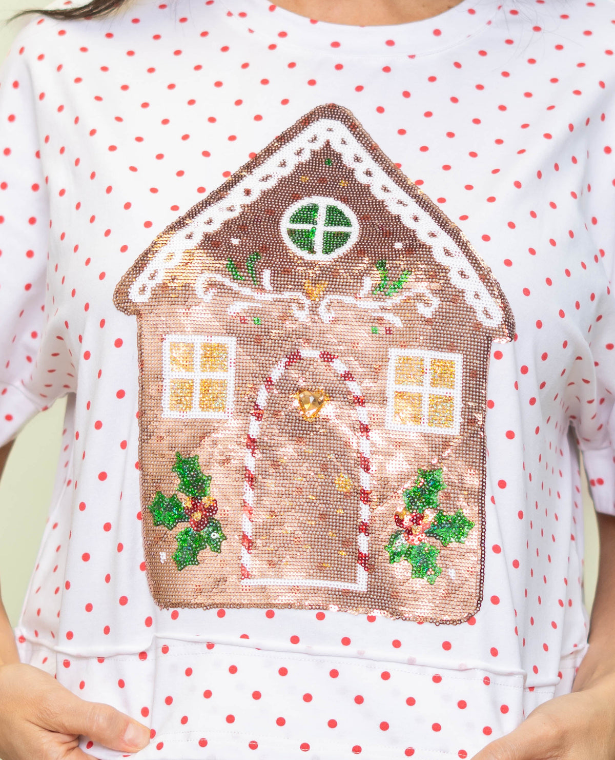 **PRE-ORDER ONLY** Wholesale | Gingerbread House | Polka Dot Sequin Exposed Seam Crop (Red Polka Dots)