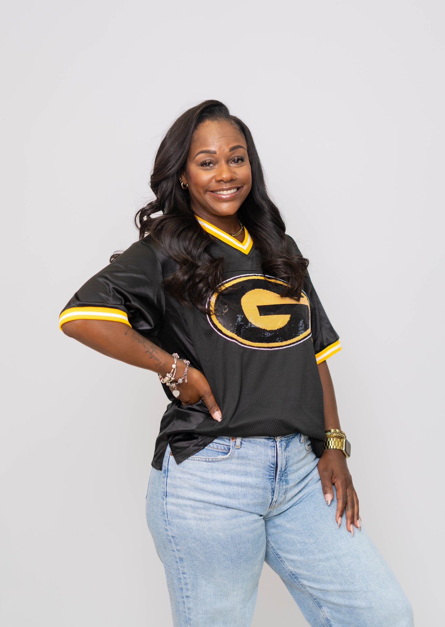 **PRE-ORDER** Wholesale | Grambling Tigers (Licensed) | Women's Sequin Design Football Jersey (Black)