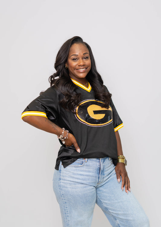**PRE-ORDER ONLY** Grambling Tigers (Licensed) | Women's Sequin Design Football Jersey (Black)