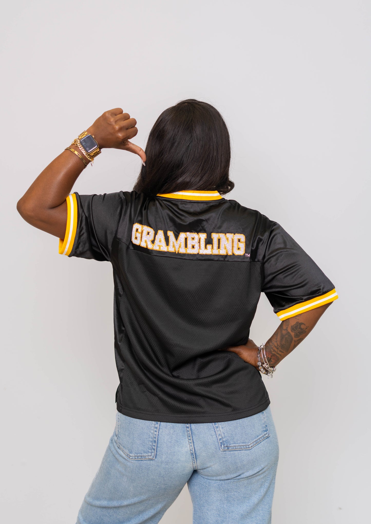 **PRE-ORDER** Wholesale | Grambling Tigers (Licensed) | Women's Sequin Design Football Jersey (Black)