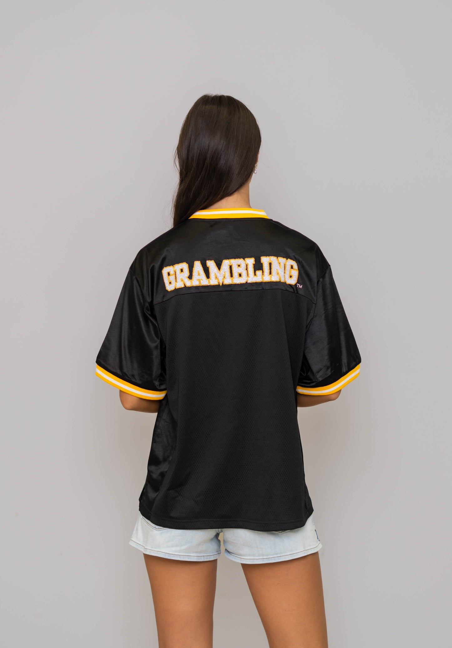 **PRE-ORDER** Wholesale | Grambling Tigers (Licensed) | Women's Sequin Design Football Jersey (Black)