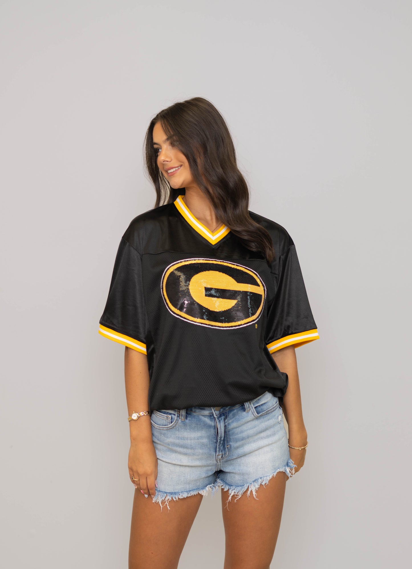 **PRE-ORDER** Wholesale | Grambling Tigers (Licensed) | Women's Sequin Design Football Jersey (Black)