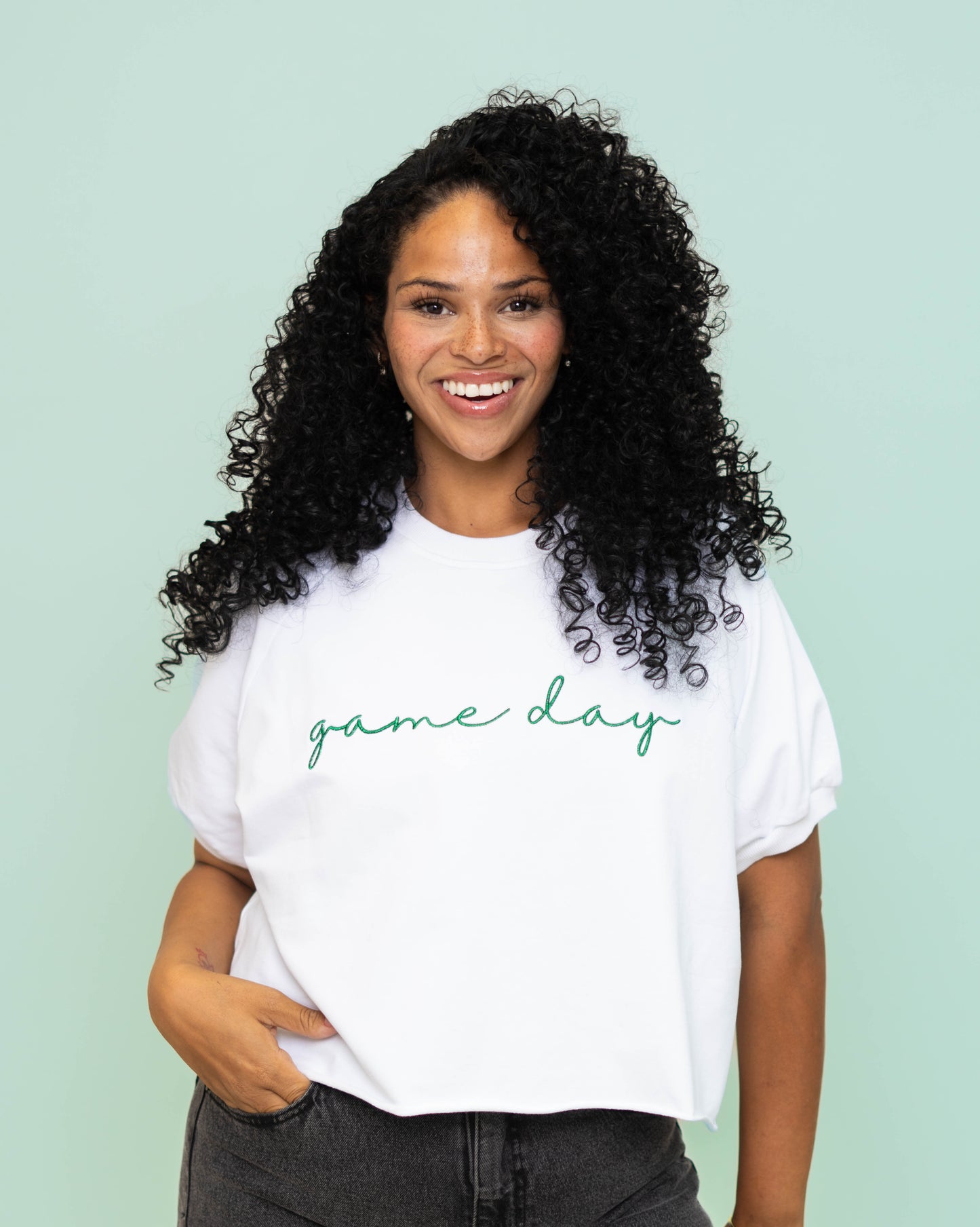**PRE-ORDER ONLY** Wholesale | Game Day Green | Women's Embroidered Design Top (White)