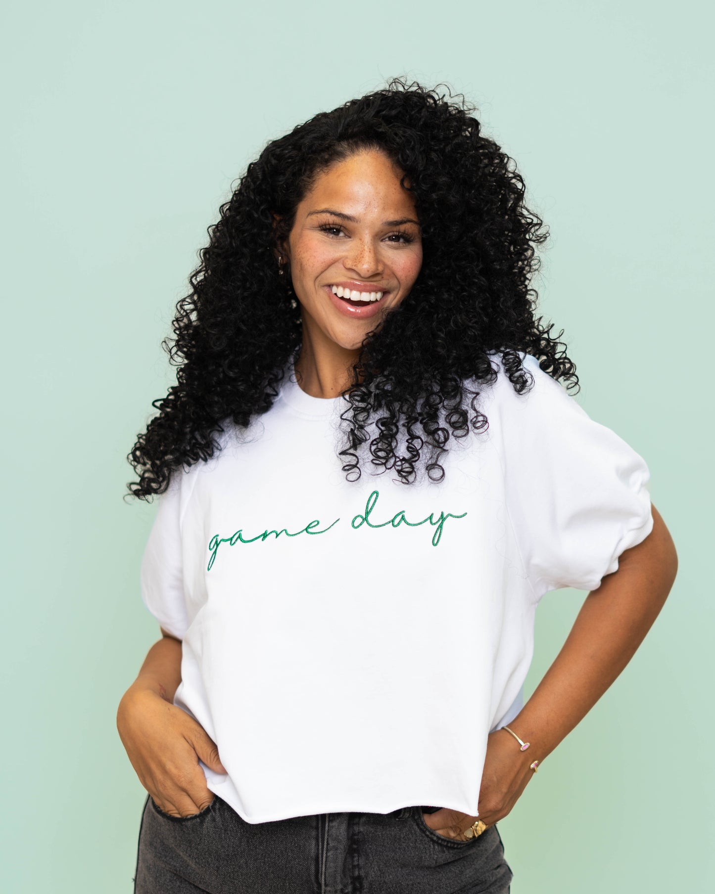 **PRE-ORDER ONLY** Wholesale | Game Day Green | Women's Embroidered Design Top (White)
