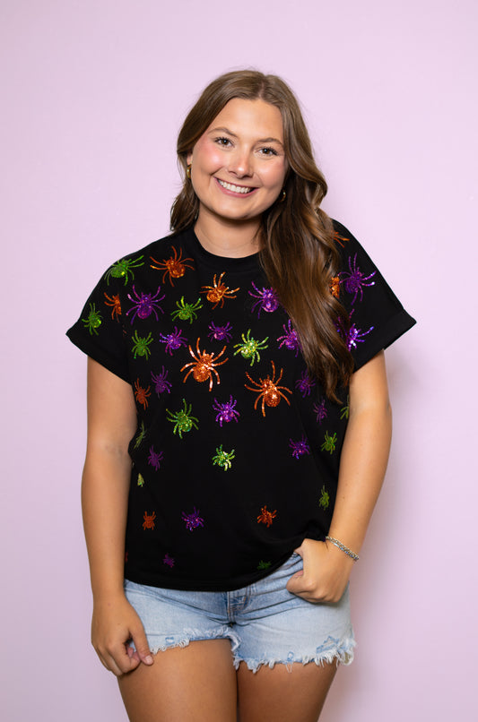 **PRE-ORDER ONLY** Scattered Halloween Spiders | Women's Sequin Design Cuff Sleeve (Black)