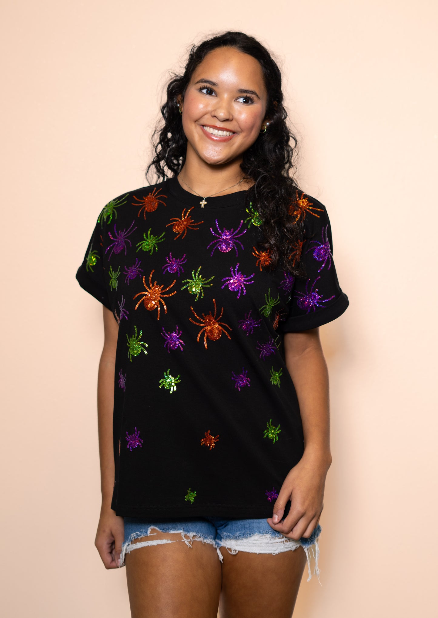 **PRE-ORDER ONLY** Scattered Halloween Spiders | Women's Sequin Design Cuff Sleeve (Black)