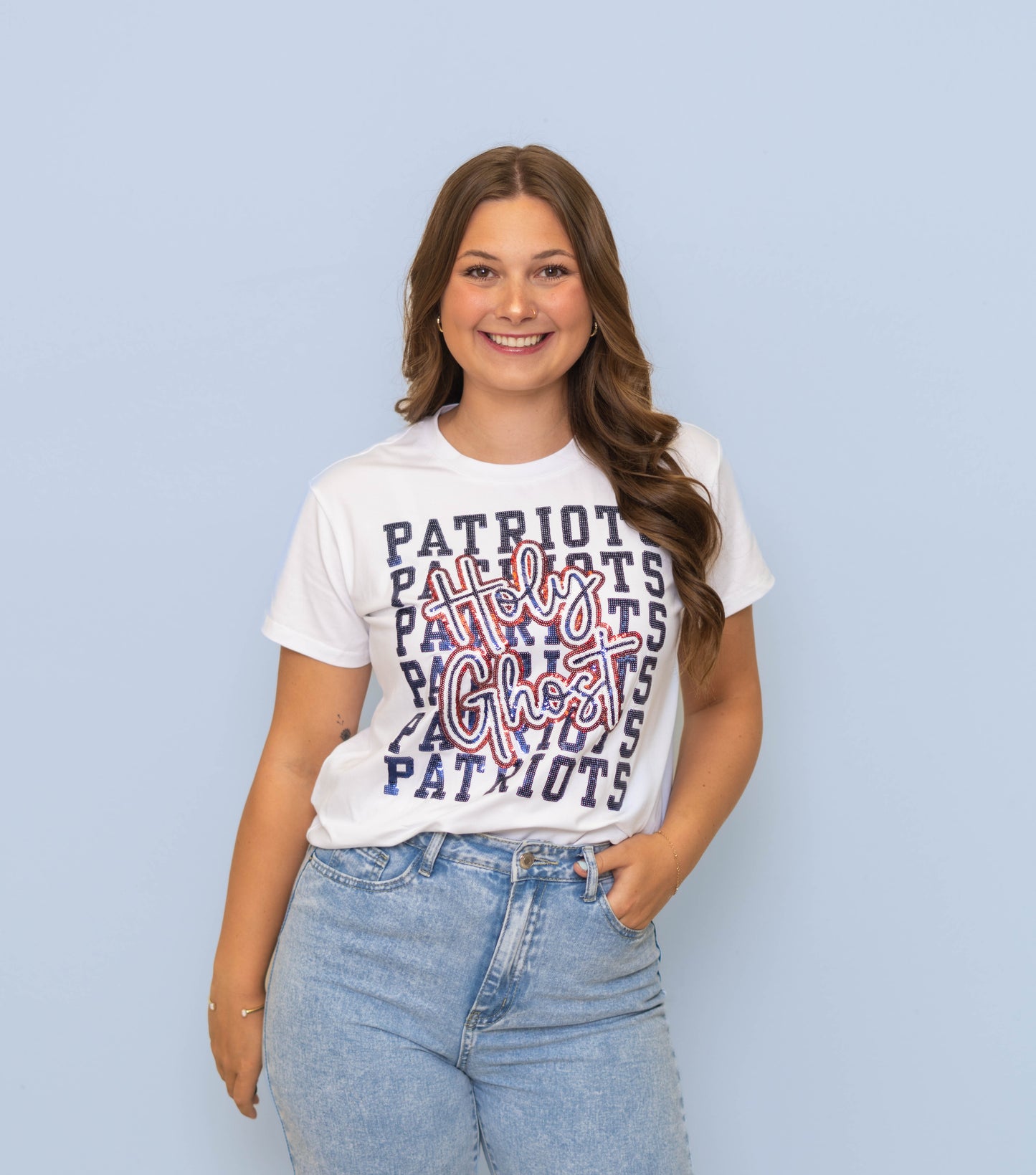 **PRE-ORDER ONLY** Holy Ghost Patriots Block Script | Sequin Design Tee (White)