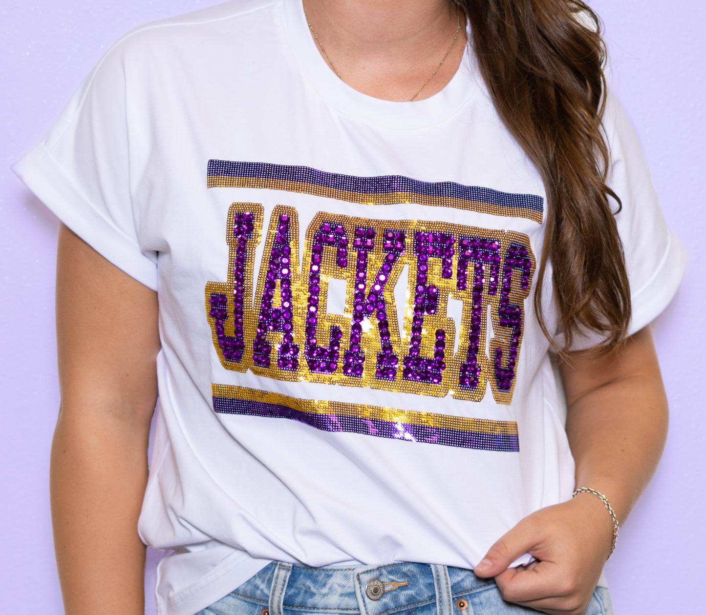 **PRE-ORDER ONLY** Jeweled Jackets Purple & Gold | Women's Sequin + Jewel Design Cuff Sleeve Tee (White)