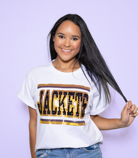 **PRE-ORDER ONLY** Jeweled Jackets Black & Gold | Women's Sequin + Jewel Design Cuff Sleeve Tee (White)