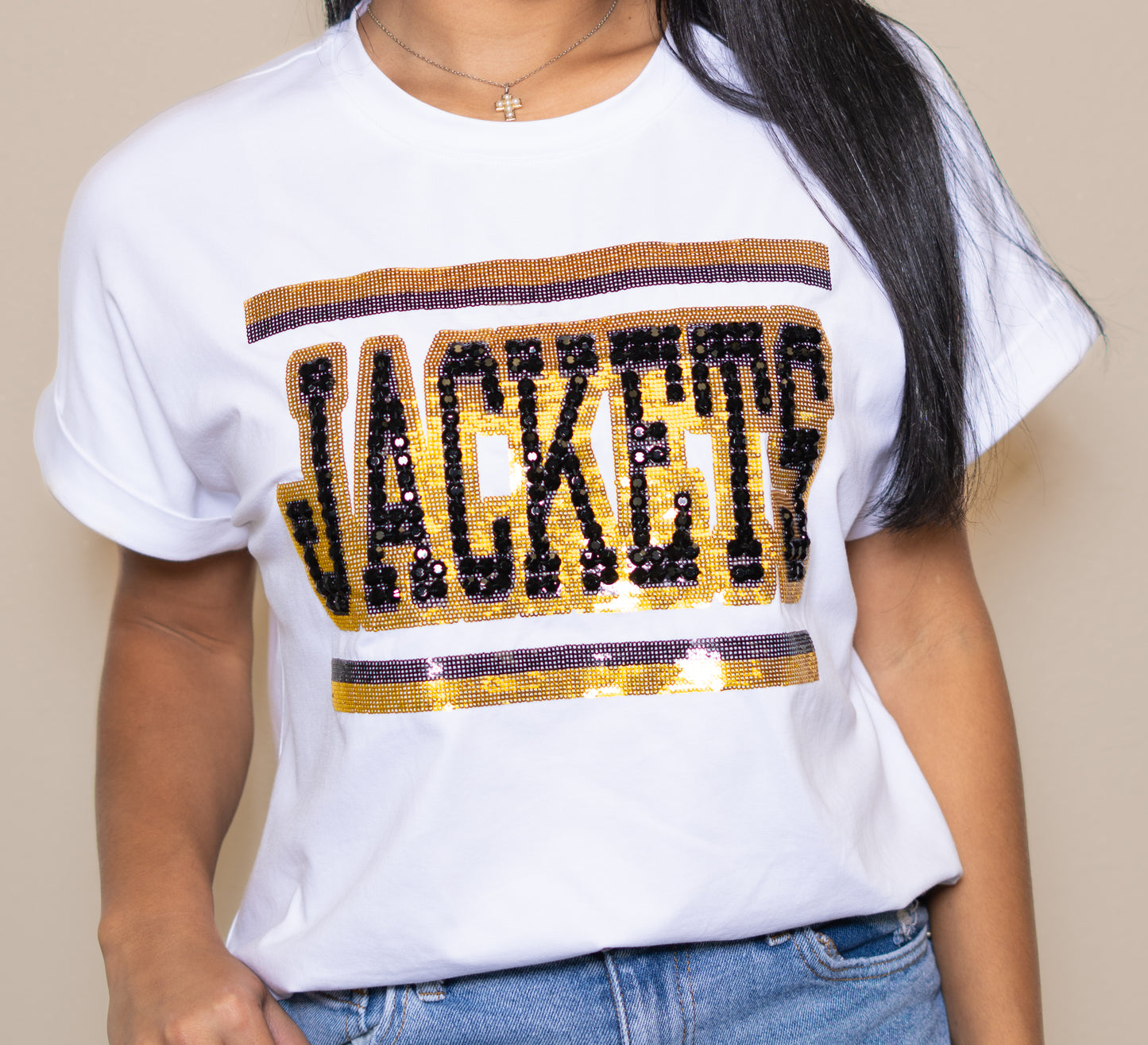 **PRE-ORDER ONLY** Jeweled Jackets Black & Gold | Women's Sequin + Jewel Design Cuff Sleeve Tee (White)