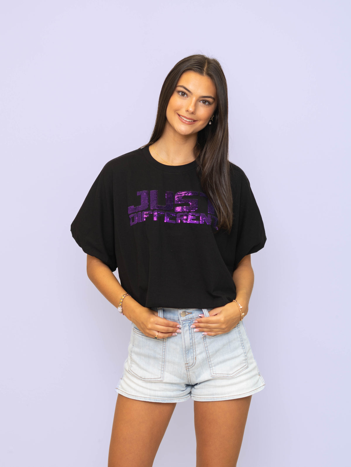 **PRE-ORDER ONLY** Wholesale | LSU Just Different (Licensed) | Women's Sequin Design Bubble Crop (Black)