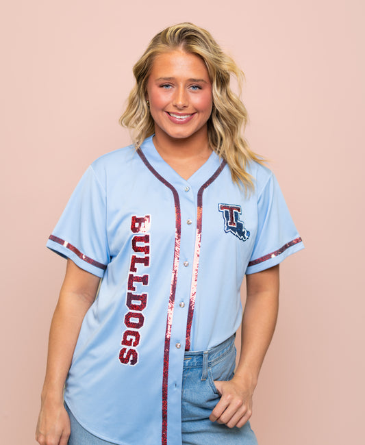 Wholesale | LA Tech (Licensed) | Women's Sequin Embroidery Baseball Jersey (Blue)