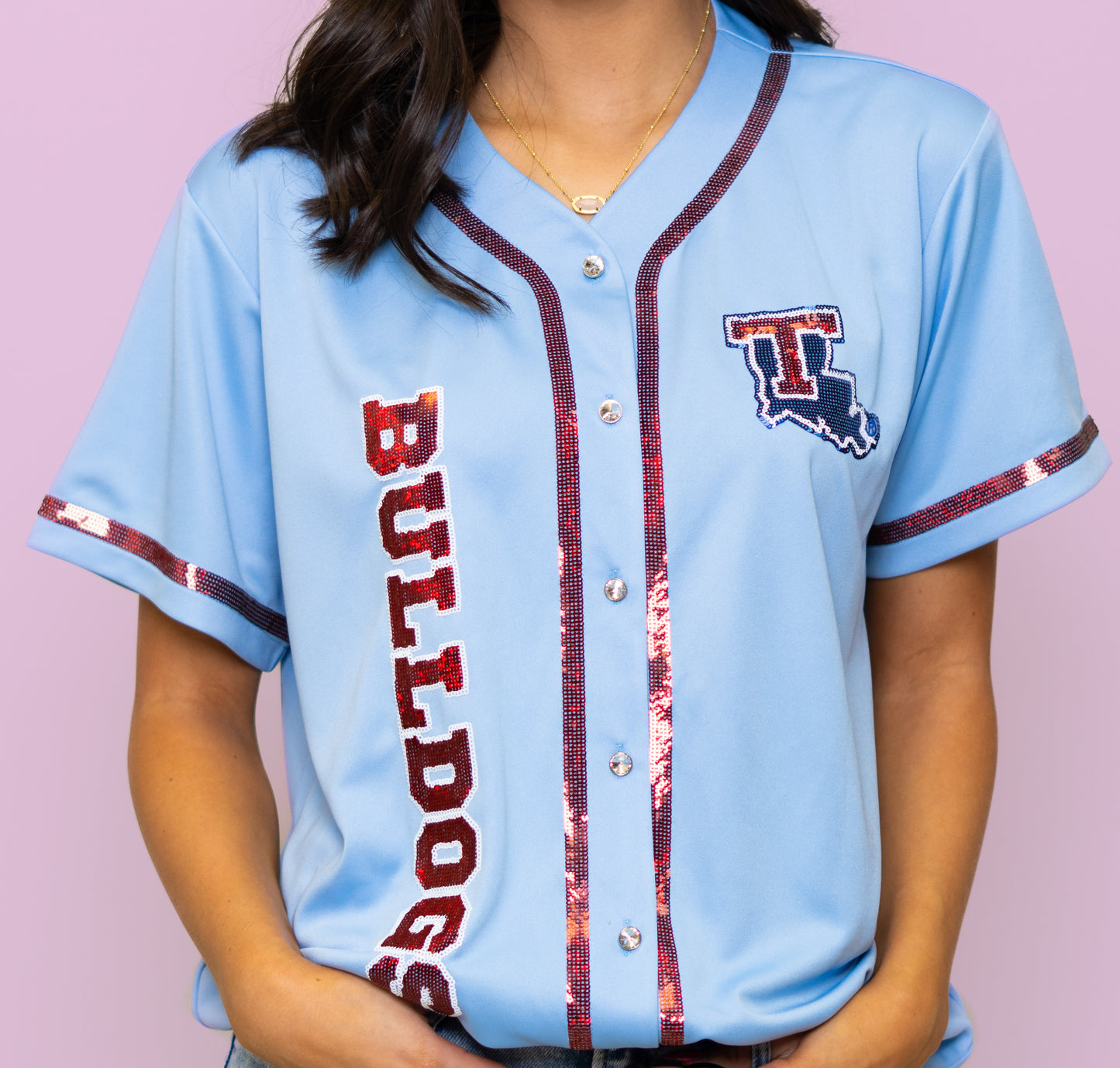 LA Tech (Licensed) | Women's Sequin Embroidery Baseball Jersey (Blue)