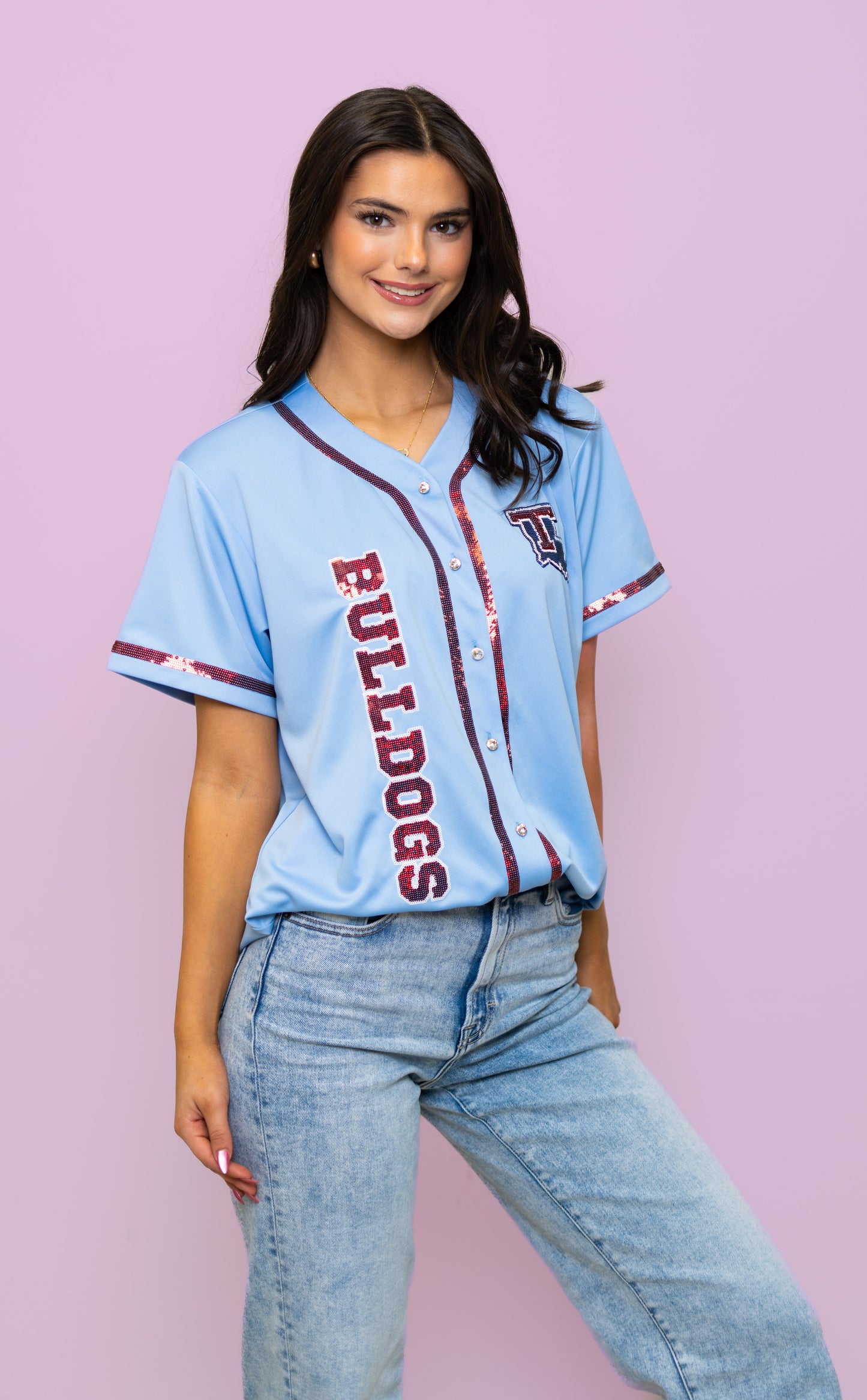 LA Tech (Licensed) | Women's Sequin Embroidery Baseball Jersey (Blue)