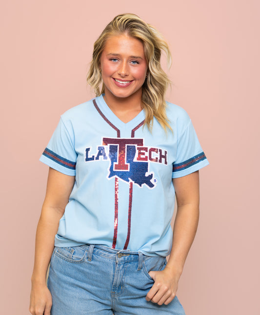 Wholesale | LA Tech (Licensed) | Women's Sequin Embroidery Baseball Jersey Tee (Blue)