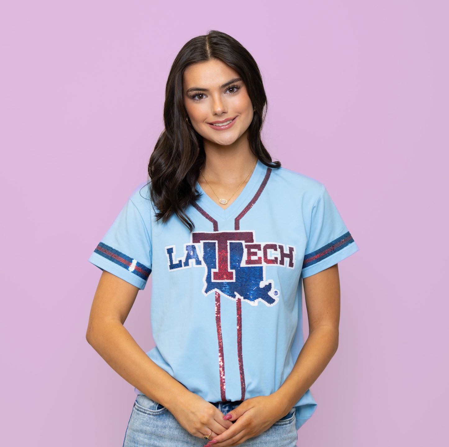 LA Tech (Licensed) | Women's Sequin Embroidery Baseball Jersey Tee (Blue)