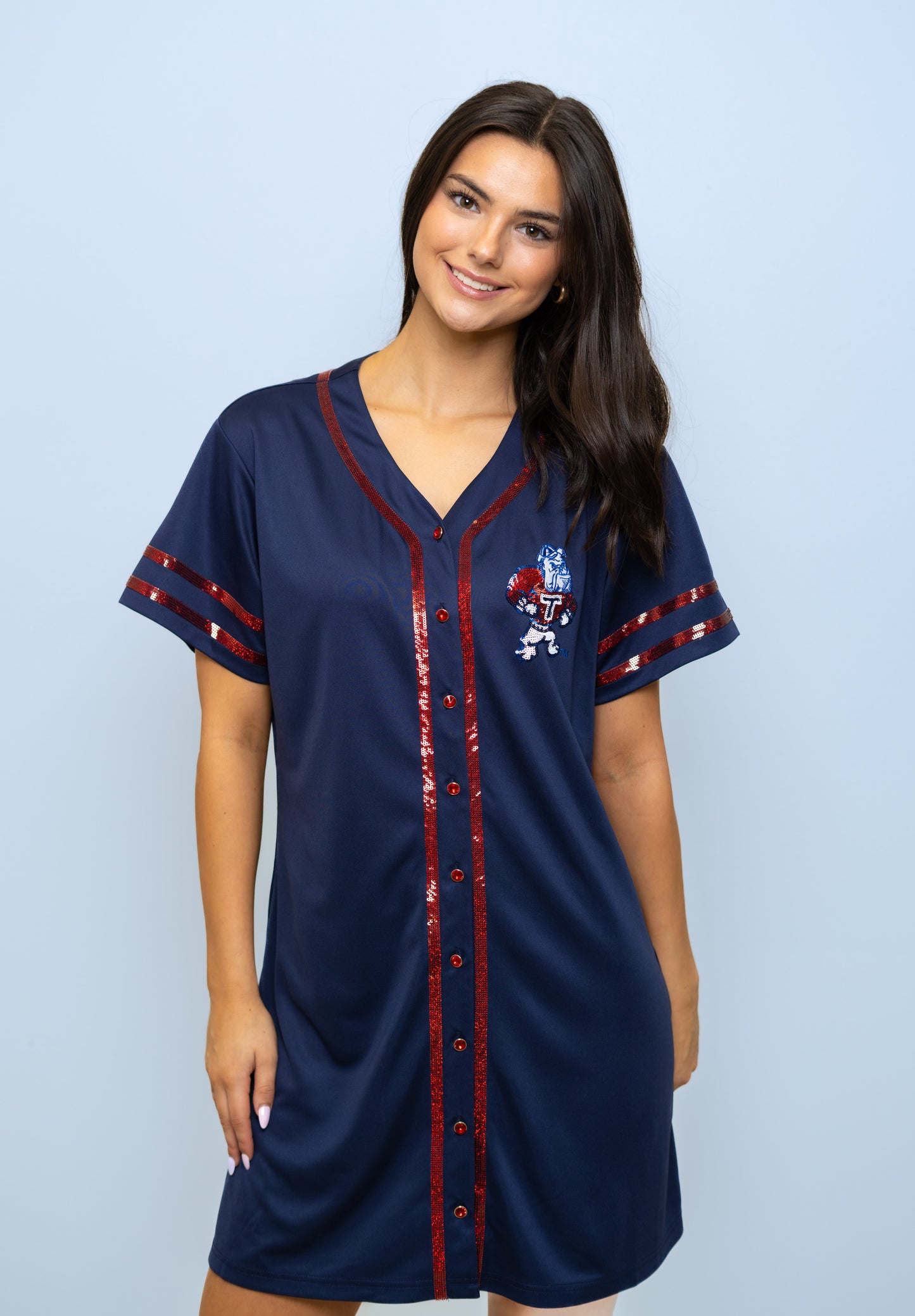 LA Tech Baseball (Licensed) | Women's Sequin Embroidery Baseball Jersey Dress (Navy)