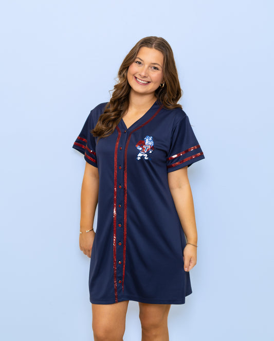 **PRE-ORDER ONLY** LA Tech Baseball (Licensed) | Women's Sequin Embroidery Baseball Jersey Dress (Navy)